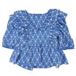 NEW Zara Openwork Embroidered Top Flutter Ruffle Puff Sleeve Eyelet Women Small